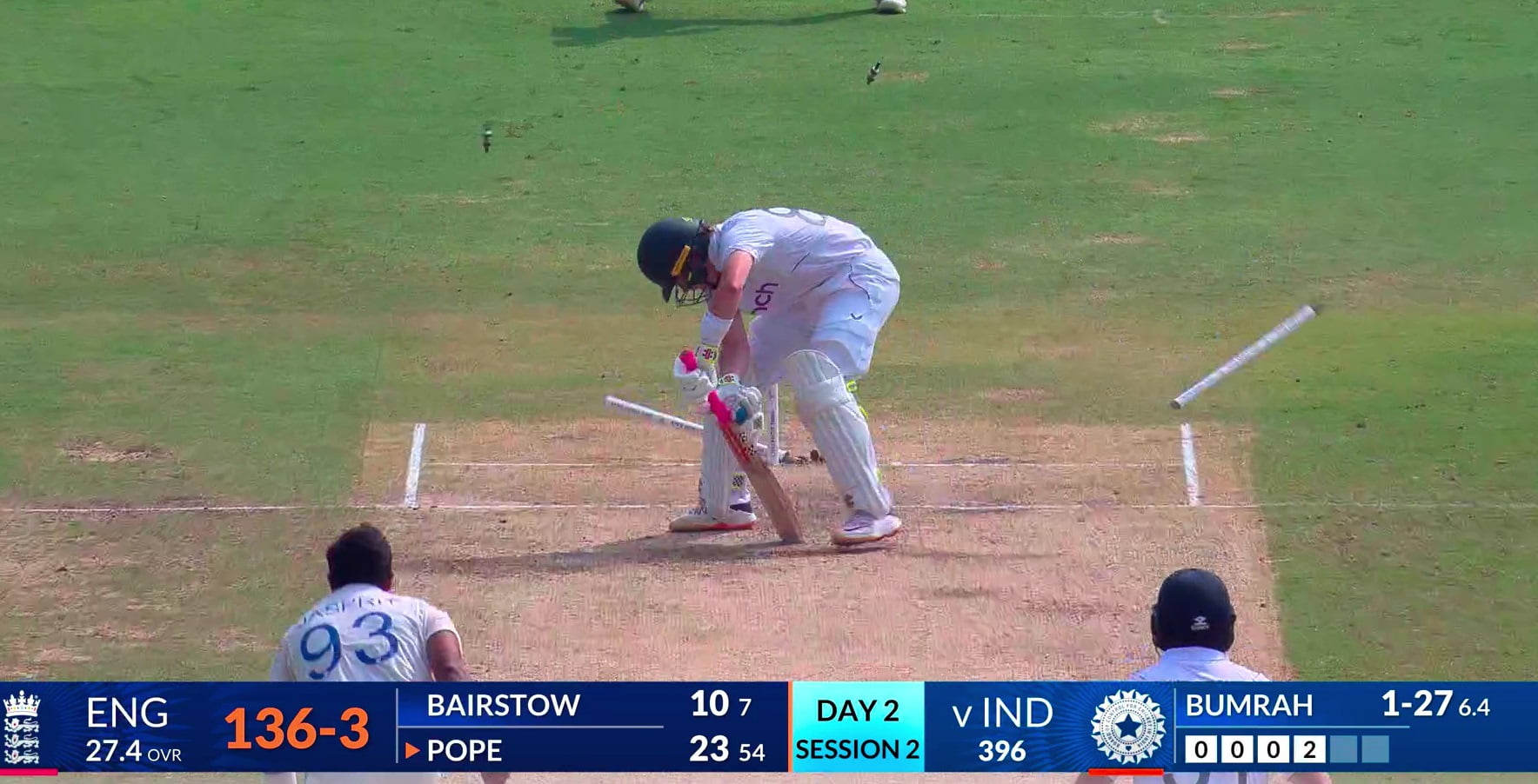 Ollie Pope's stumps are destroyed by a Jasprit Bumrah yorker•BCCI