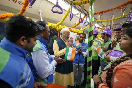 PM Modi takes a ride with metro officials in India's 1st underwater metro in Kolkata