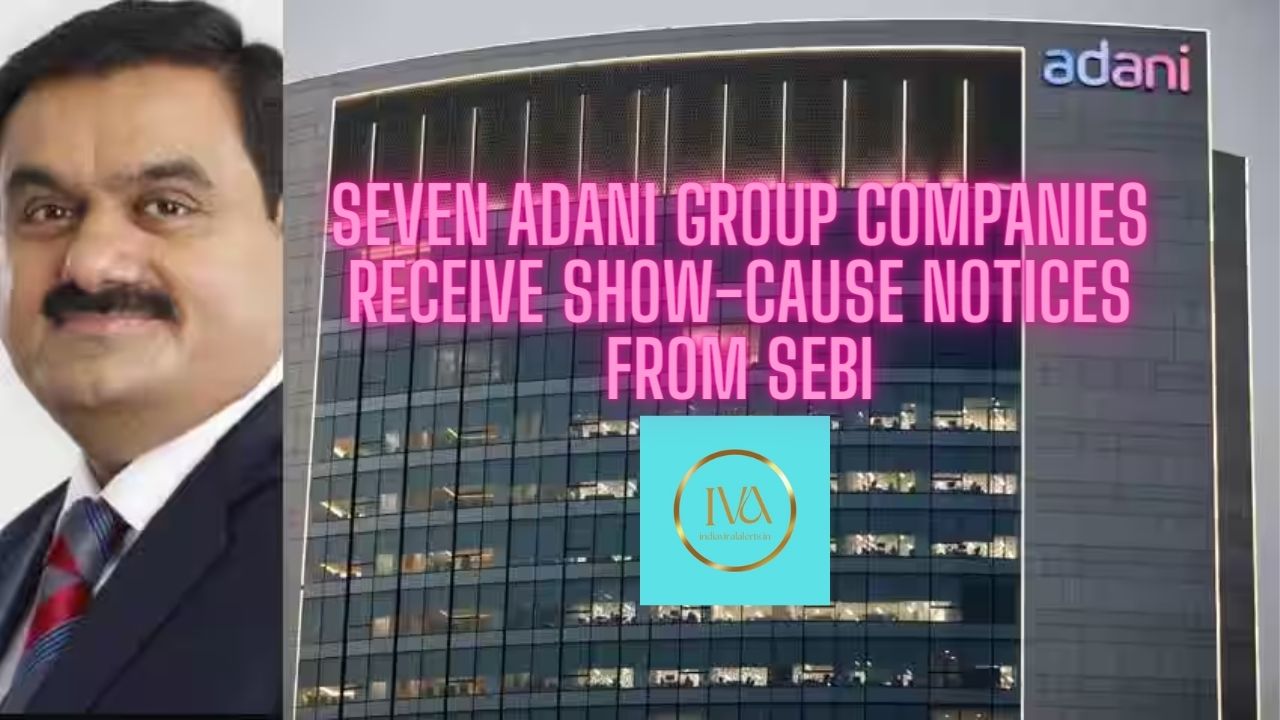 SEVEN Adani Group Companies under regulatory scrutiny" depicting a magnifying glass over corporate documents.